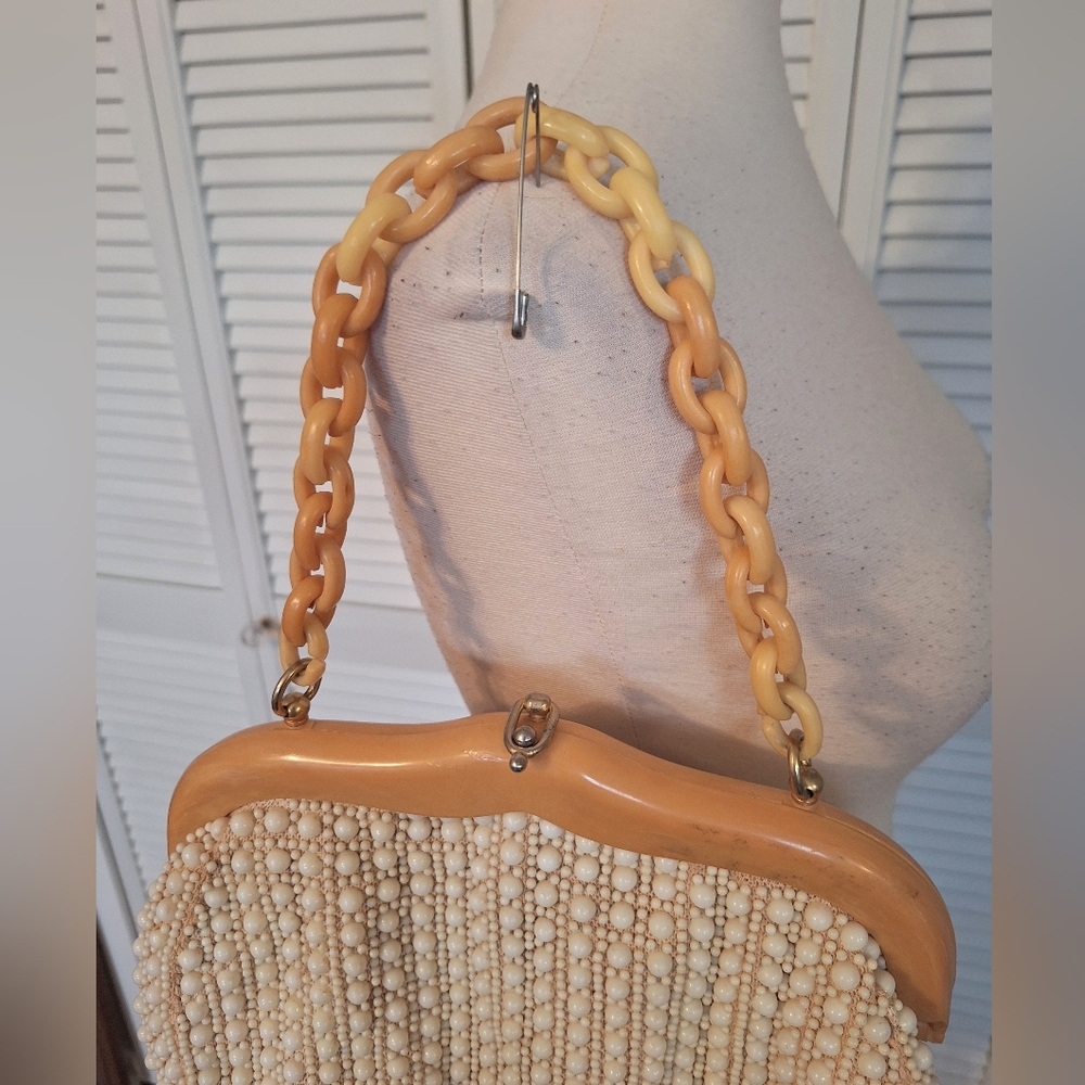 Rare Vintage Hong Kong Cream Beaded Handbag Purse - Picture 3 of 5